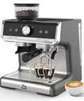 Pro 20 Bar Espresso Machine With Built In Conical Burr Grinder And Steam Wand brewing espresso in glasses with latte art.
