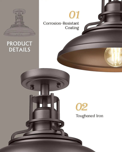 Product details of One Light Semi Flush Mount Outdoor Ceiling Light In Oil Rubbed Bronze Finish Vintage Industrial Farmhouse Style Fixture