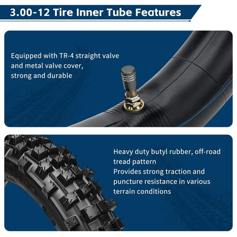 3.00-12 inner tube with TR-4 valve, durable butyl rubber tread for Honda Dirt Bike Tire And Inner Tube Set Front 2.50-14 Rear 3.00-12