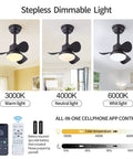 Stepless dimmable light settings on cool 21 inch ceiling fan with lights and remote, showcased in various color temperatures.