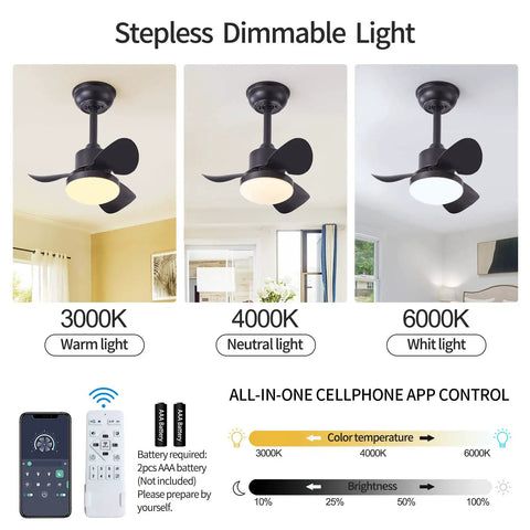Stepless dimmable light settings on cool 21 inch ceiling fan with lights and remote, showcased in various color temperatures.