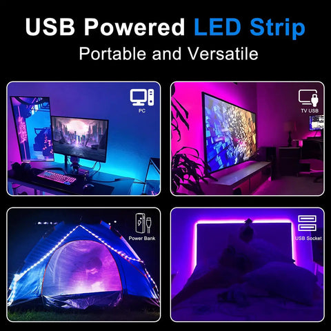 50ft USB Powered RGB LED Strip Lights For Bedroom And Gaming Setup highlighting uses around PC, TV, tent, and bed.