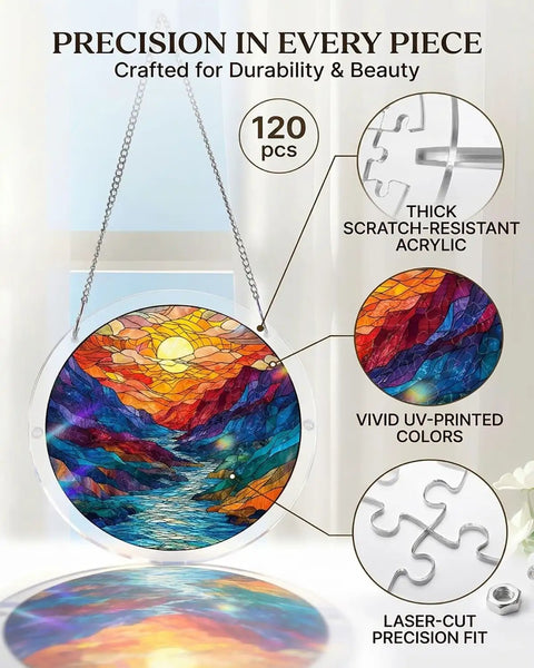 Jigsaw Puzzle Suncatcher Kit With 83 Pieces For DIY Stained Glass Window Art No Glue Needed displayed with vivid colors