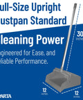 Workhorse Upright Dustpan With 30 Inch Aluminum Handle And Serrated Combing Lip For Straight Up Commercial Cleaning Zero Kneeling Required Locking Yoke Mechanism In Matte Gray, showing 30-inch handle and scoop.