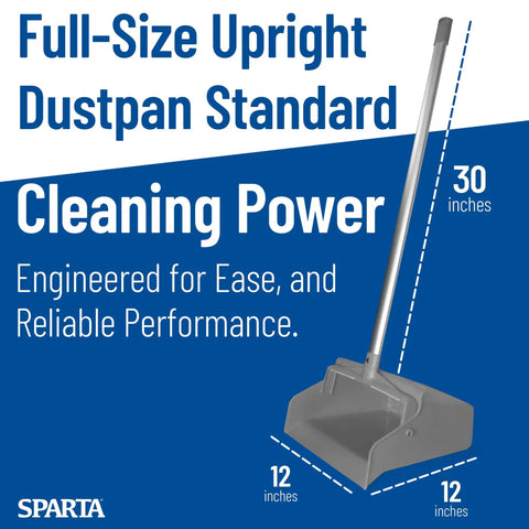 Workhorse Upright Dustpan With 30 Inch Aluminum Handle And Serrated Combing Lip For Straight Up Commercial Cleaning Zero Kneeling Required Locking Yoke Mechanism In Matte Gray, showing 30-inch handle and scoop.