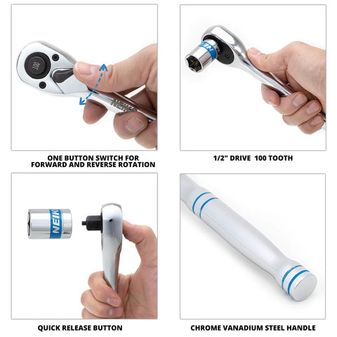 Half Inch Ratchet Wrench With 100 Tooth Reversible Gear, features quick release and chrome vanadium steel for heavy duty use.