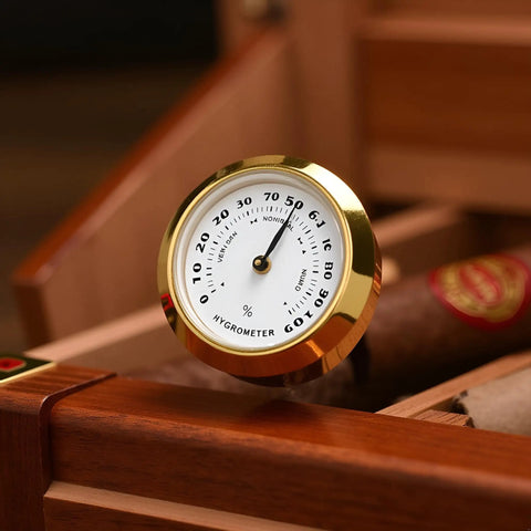 38mm Round Glass Analog Hygrometer With Probe For Humidors Guitars And Violins Mini Humidity Meter Must Have For Accurate Readings And Moisture Monitoring Of Instruments And Other Moisture Sensitive Gear, gold finish in wooden humidor