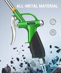 Long Reach Extendable 19 To 28 Inch Air Nozzle Blow Gun With High Pressure Output Rubber Grip Handle, metal body, side view.