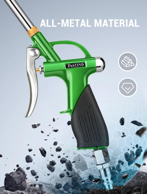 Long Reach Extendable 19 To 28 Inch Air Nozzle Blow Gun With High Pressure Output Rubber Grip Handle, metal body, side view.