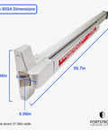 Beefed Up Panic Bar Exit Device With Alarm For Busy Doors Loud Siren Warning Stickers Easy Install FS 850A Dimensions Displayed