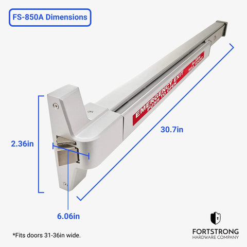 Beefed Up Panic Bar Exit Device With Alarm For Busy Doors Loud Siren Warning Stickers Easy Install FS 850A Dimensions Displayed