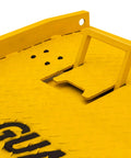 Built Tough Steel Dock Board 60 X 72 Inch 16000 Lb Rated Capacity Forklift Transfer Plate with handle detail, yellow surface.