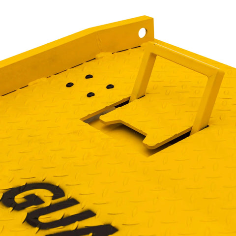 Built Tough Steel Dock Board 60 X 72 Inch 16000 Lb Rated Capacity Forklift Transfer Plate with handle detail, yellow surface.