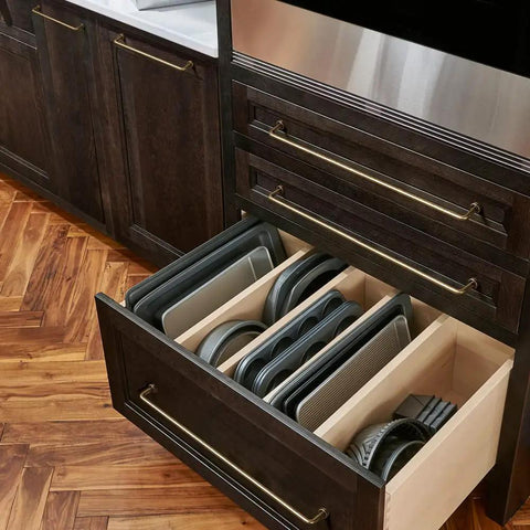 6 Pack Sweet Vintage Vibes Antique Brass Cabinet Bar Pulls in kitchen drawer with bakeware organized.
