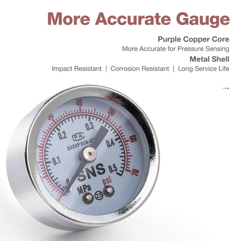 Close-up of a gauge from the Low Pressure Air Regulator For Air Compressor With Gauge And Bracket One Quarter Inch NPT Female Adjustable AR2000N02 0 To 40 PSI Aluminum Alloy Construction Easy Turn Knob For Precise Control DIY Friendly.