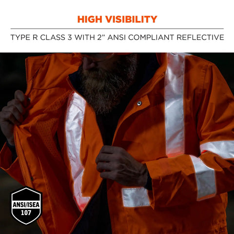 Man wearing High Visibility Reflective Thermal Jacket Set With Rain Shell And Zip Off Sleeves, focus on reflective material.