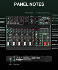 6 Channel Portable Mixer With 320 DSP Effects 48V Phantom Power Bluetooth Sound Card 7 Band EQ Panel Notes