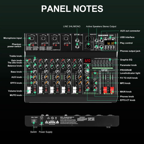 6 Channel Portable Mixer With 320 DSP Effects 48V Phantom Power Bluetooth Sound Card 7 Band EQ Panel Notes