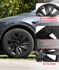 Premium Matte Black 19 Inch Spiral Aero Wheel Covers Sweet Fit For Tesla Model Y Juniper mounted on a tire with brake caliper visible.