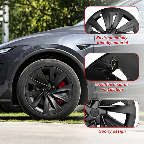 Premium Matte Black 19 Inch Spiral Aero Wheel Covers Sweet Fit For Tesla Model Y Juniper mounted on a tire with brake caliper visible.