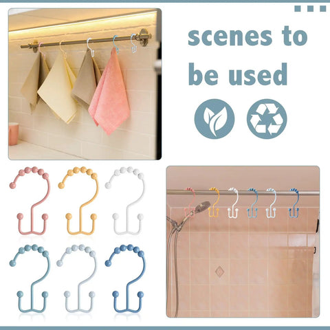 12 Piece Bohemian Rainbow Shower Curtain Hooks Set In 304 Stainless Steel Rust Proof With Balanced Double Glide For Smooth Curtain Hanging Dope Color Pop For Your Bathroom Vibe Upgrade displayed on rail