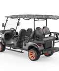 Battle Ready Six Seater Electric Shuttle Golf Cart Built Tough With A Rock Solid 48V 5Kw Motor with grey body and stylish orange wheels.