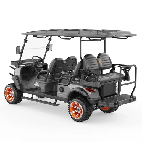 Battle Ready Six Seater Electric Shuttle Golf Cart Built Tough With A Rock Solid 48V 5Kw Motor with grey body and stylish orange wheels.