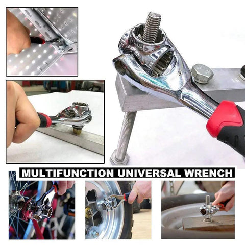 52 In 1 Socket Wrench Kit With 360 Degree Rotating Head For Home And Auto Repairs, shown in various repair scenarios.