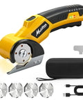 Mulctun Cordless Electric Box Cutter With 4 Tungsten Steel Blades, LED light and storage bag, in yellow finish.