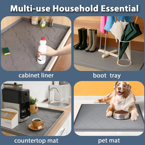 Under Sink Mat Waterproof 34 By 22 Inches Thick Silicone Kitchen Cabinet Liner And Drawer Protector Spill Proof Sink Organizer Tray used as cabinet liner, boot tray, countertop mat, and pet mat.
