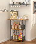 Compact Three Tier Floor Standing Coffee Bar Shelf For Cozy Corner Space Saving Farmhouse Style Coffee Station with accessories.