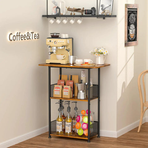 Compact Three Tier Floor Standing Coffee Bar Shelf For Cozy Corner Space Saving Farmhouse Style Coffee Station with accessories.