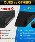 Comparison showing black oil spill mat with durable quality and non-slip backing next to thinner, glossy slipping mat.