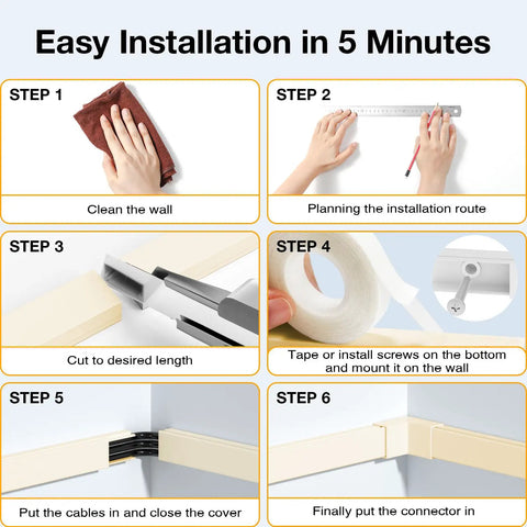 Installation steps for Cord Cover Wall Mount Kit 157In Beige Low Profile Cable Raceway Hider for TV Cables Wire Concealer.