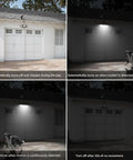 Outdoor Solar Lights With Motion Sensor, 3 Adjustable Heads Deliver 270 Degree Wide Coverage, Ultra Bright 1000lm 6500K, IP65 Waterproof Wall Lamp For Porch Yard Garage, No Wiring Required, Separate Solar Panel, 2 Pack illuminating a garage with motion detection.