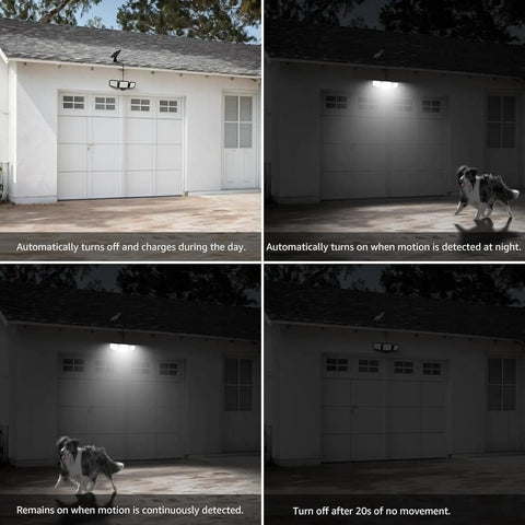 Outdoor Solar Lights With Motion Sensor, 3 Adjustable Heads Deliver 270 Degree Wide Coverage, Ultra Bright 1000lm 6500K, IP65 Waterproof Wall Lamp For Porch Yard Garage, No Wiring Required, Separate Solar Panel, 2 Pack illuminating a garage with motion detection.
