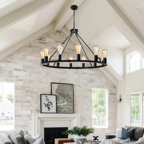 12 Light Black Wagon Wheel Chandelier for Dining Rooms and Kitchen Islands dimmable cozy rustic farmhouse pendant lighting with 12 E26 sockets ideal