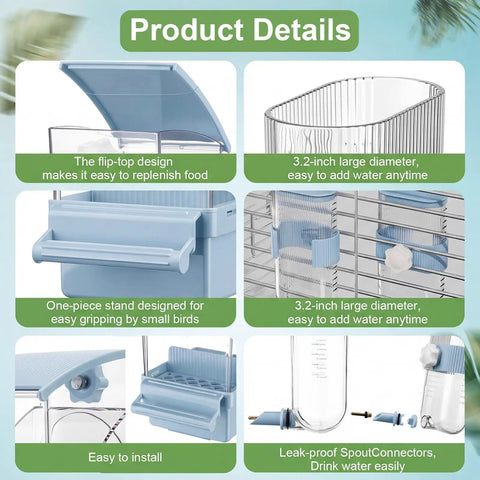 No Fuss Bird Feeder And Water Dispenser Set Packed With Automatic Clear Food Jar And Twelve Oz Drip Free Hydration Cup For Feathered Crew Like Parrots Canaries Lovebirds Budgies In Cool Blue Hanging Style detailed views showcasing features like flip-top design and leak-proof spout.