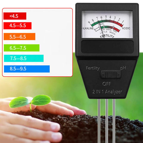 Three Needle Detection Soil Fertility Tester Kit For Home Garden And Farm Use Indoor Outdoor No Battery Needed Quick Accurate Reliable Pro Grade Soil Health Probe With Toggle Switch showing pH levels.