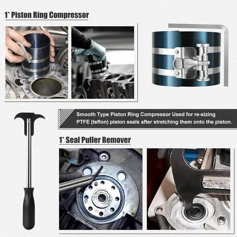 All In One Hydraulic Cylinder Repair Kit Pro Grade With Adjustable Gland Nut Wrench shown with piston ring compressor and seal puller remover
