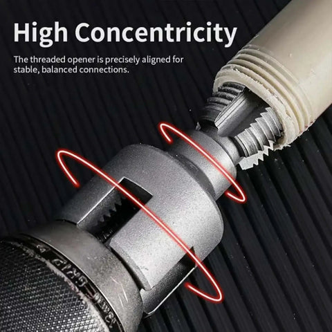 Close-up of Three Piece Internal And External Pipe Threading Tool Set for One Half, Three Quarter, and One Inch PVC Pipes in use