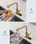 Gold Kitchen Faucet With Pull Down Sprayer In Stainless Steel Single Handle Sink Faucet showing spray and stream modes