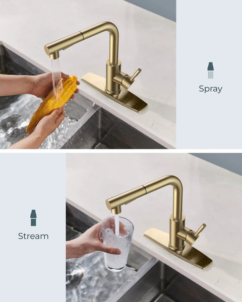 Gold Kitchen Faucet With Pull Down Sprayer In Stainless Steel Single Handle Sink Faucet showing spray and stream modes