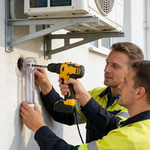 Men using a Slick Drill Dust Cover Attachment For Saws And Drill Bits With No Sweat Debris Capture System to install a drill.