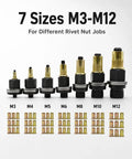 Rugged Heavy Duty Carbon Steel Rivet Nut Tool Kit With M3 M4 M5 M6 M8 M10 M12 Mandrels For Versatile Rivnut Installations, Operates By Hand Or Drill, Hex Head Design, Built Tough And Easy To Use For Automotive And DIY Projects. 7 sizes M3-M12