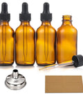 4 Pack 2 Oz Amber Glass Dropper Bottles With Funnel And Labels For Essential Oils And Personal Care Refillable 60ml Tincture Containers For Beard Oil Hair Oil Skincare Perfume Oils And More, with funnel and labels