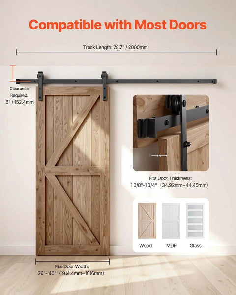 Heavy Duty Sliding Barn Door Hardware Kit for 36 to 40 Inch Doors, 330 Lbs Capacity, J shape rollers installed on door