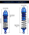 One Tenth Scale RC Car Front And Rear Shock Absorber Set For Beefed Up Four Wheel Drive 4x4 RC Trucks Upgrade Replacement Parts Blue 5862 Compatible With Slash Rustler Stampede And More, showing two blue alloy shock absorbers with measurements.