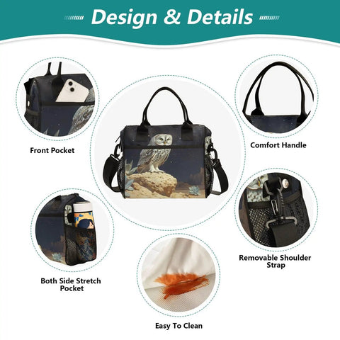 Owl Desert Landscape Insulated Lunch Bag For Women Large Leakproof Portable Cooler Tote features pockets and strap
