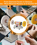 All In One Jewelry Polishing Kit For Bench Grinder in use on rings and denture at different RPM settings, with six cloth wheels.